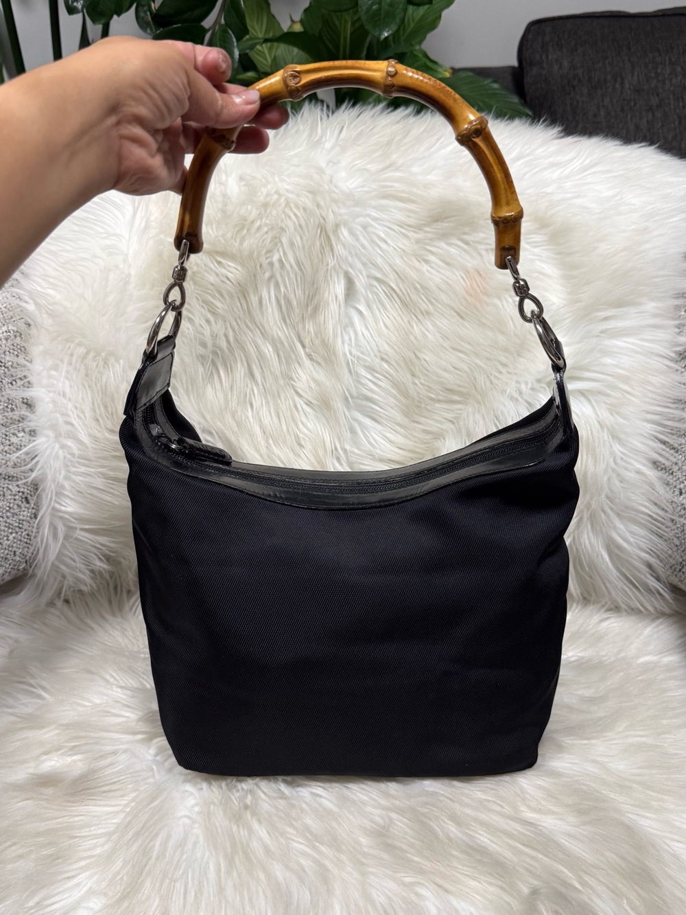 Authentic Gucci Black Shoulder Bag with Bamboo Top Handle
